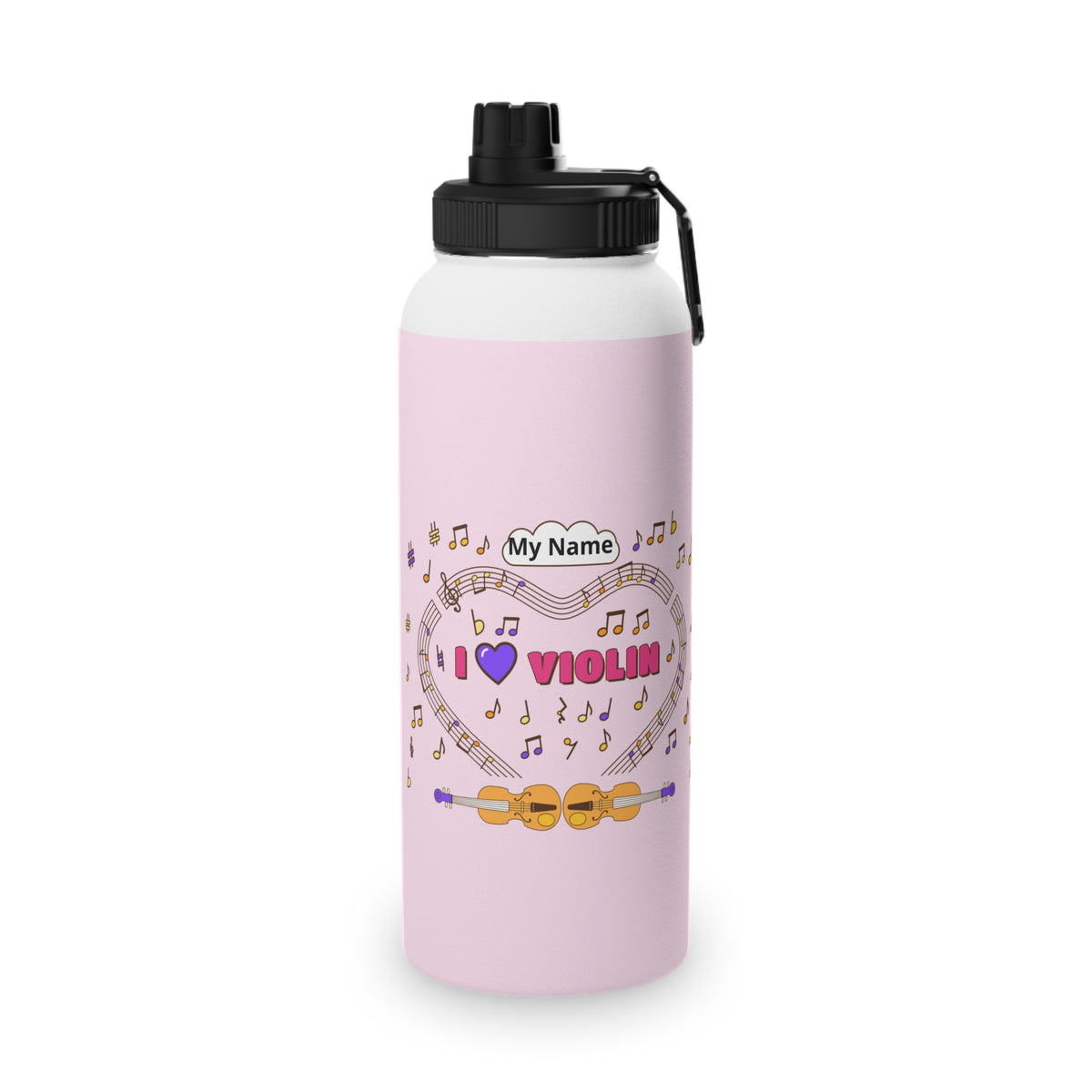Music-themed Stainless Steel Water Bottle, Sports Lid: 'I love violin' - pink