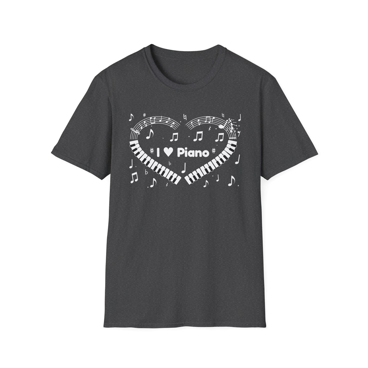 Music-themed Unisex Softstyle T-Shirt: 'I love piano' heart - black & white