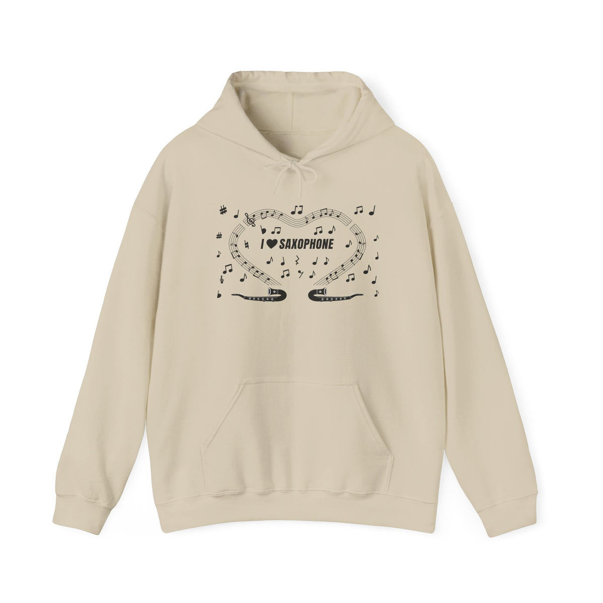 Music-themed Unisex Heavy Blend Hooded Sweatshirt: 'I love saxophone' - black on white