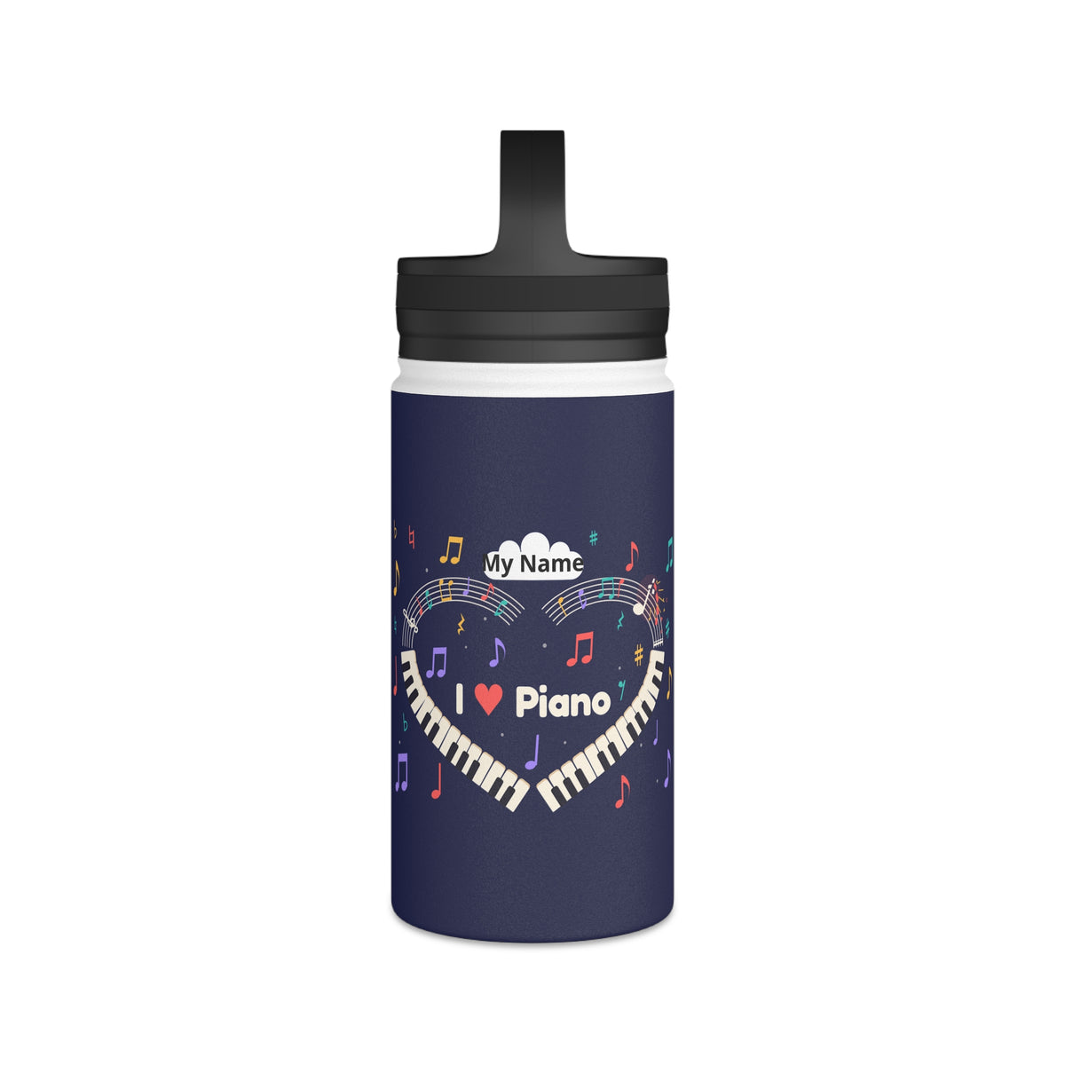 Music-themed Stainless Steel Water Bottle, Handle Lid: 'I love piano' heart - navy