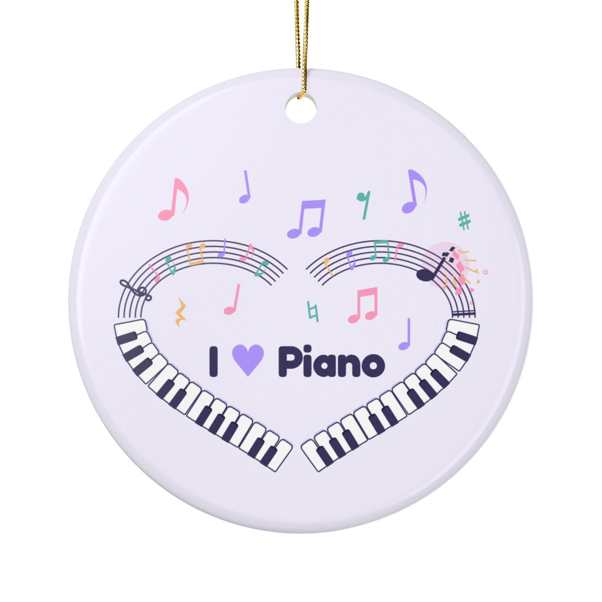 Music-themed Ceramic Ornaments, 1-Side Print: 'I love piano' heart - violet