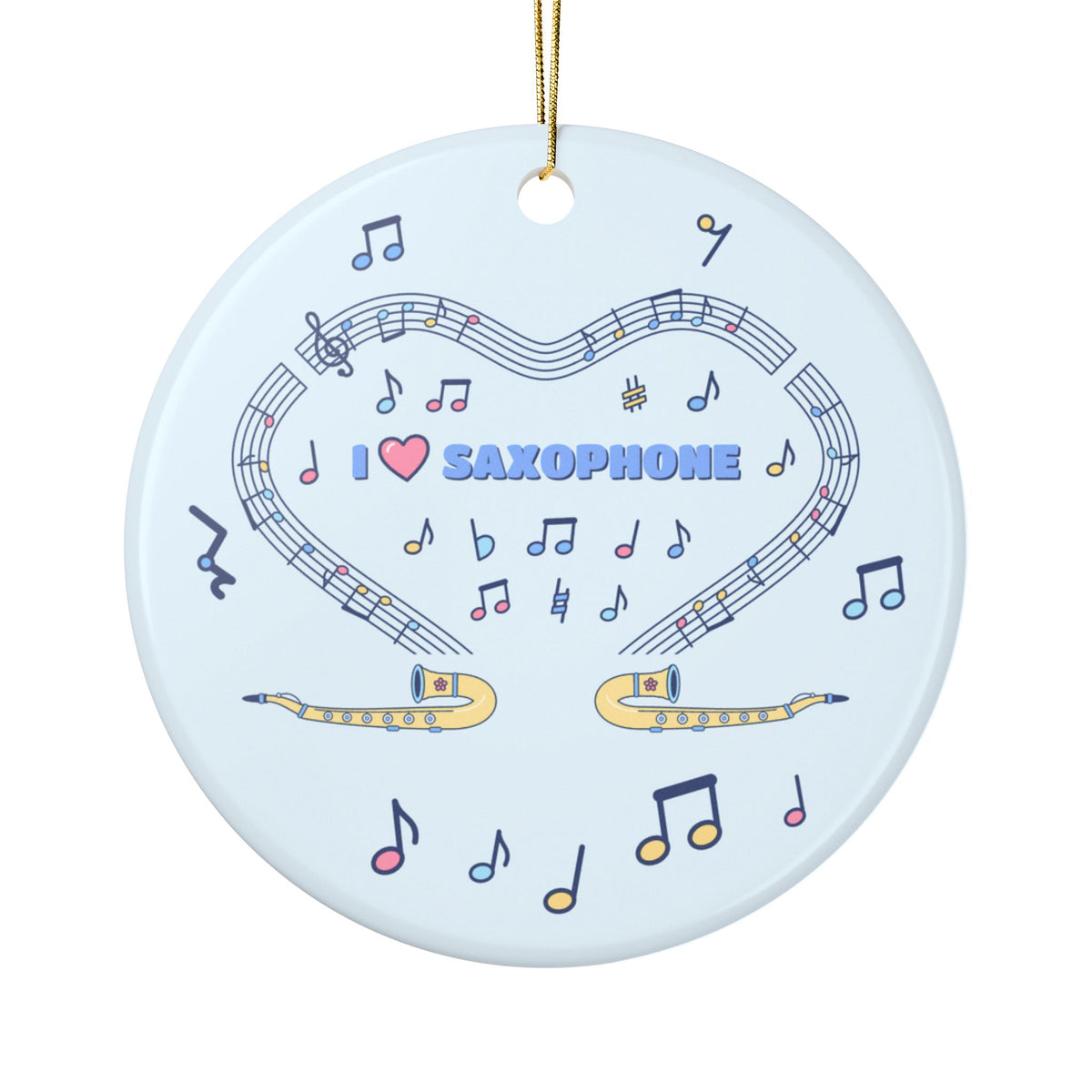 Music-themed Ceramic Ornaments, 2-Side Print: 'I love saxophone' - blue