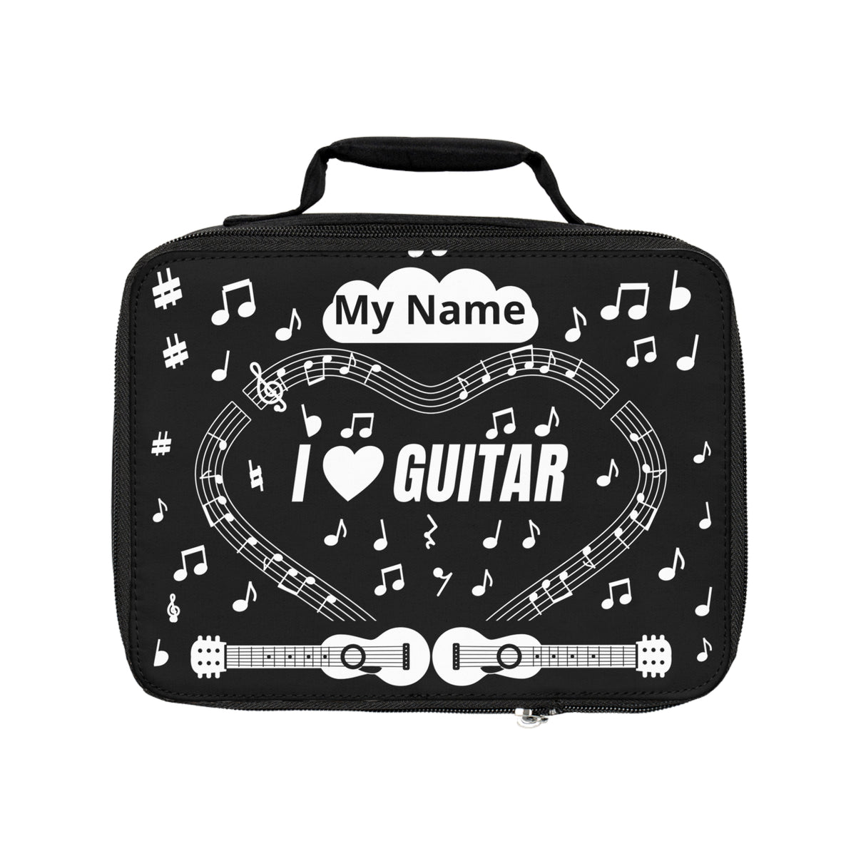 Music-themed Lunch Bag: 'I love guitar' - black & white