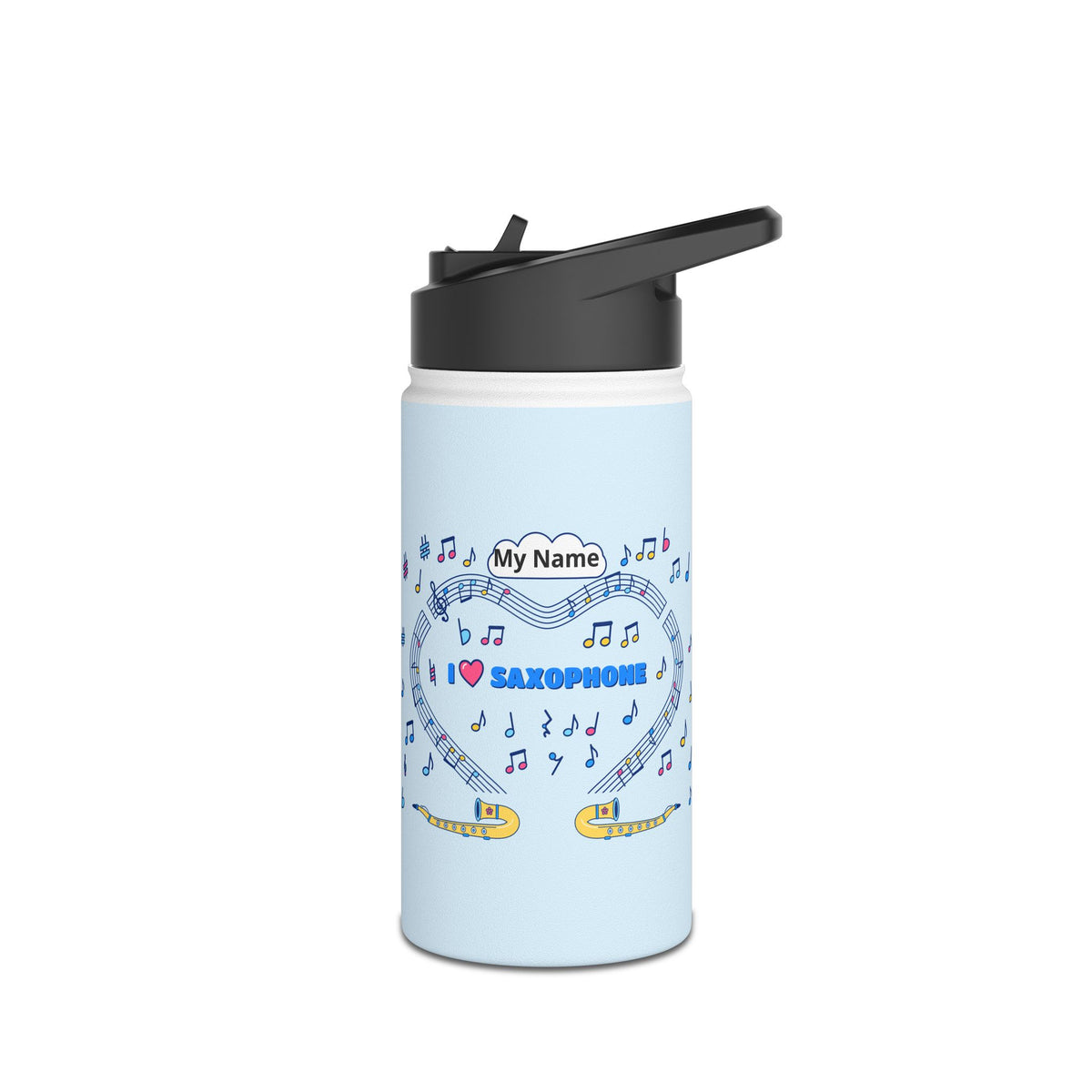Music-themed Stainless Steel Water Bottle, Standard Lid: 'I love saxophone' - blue