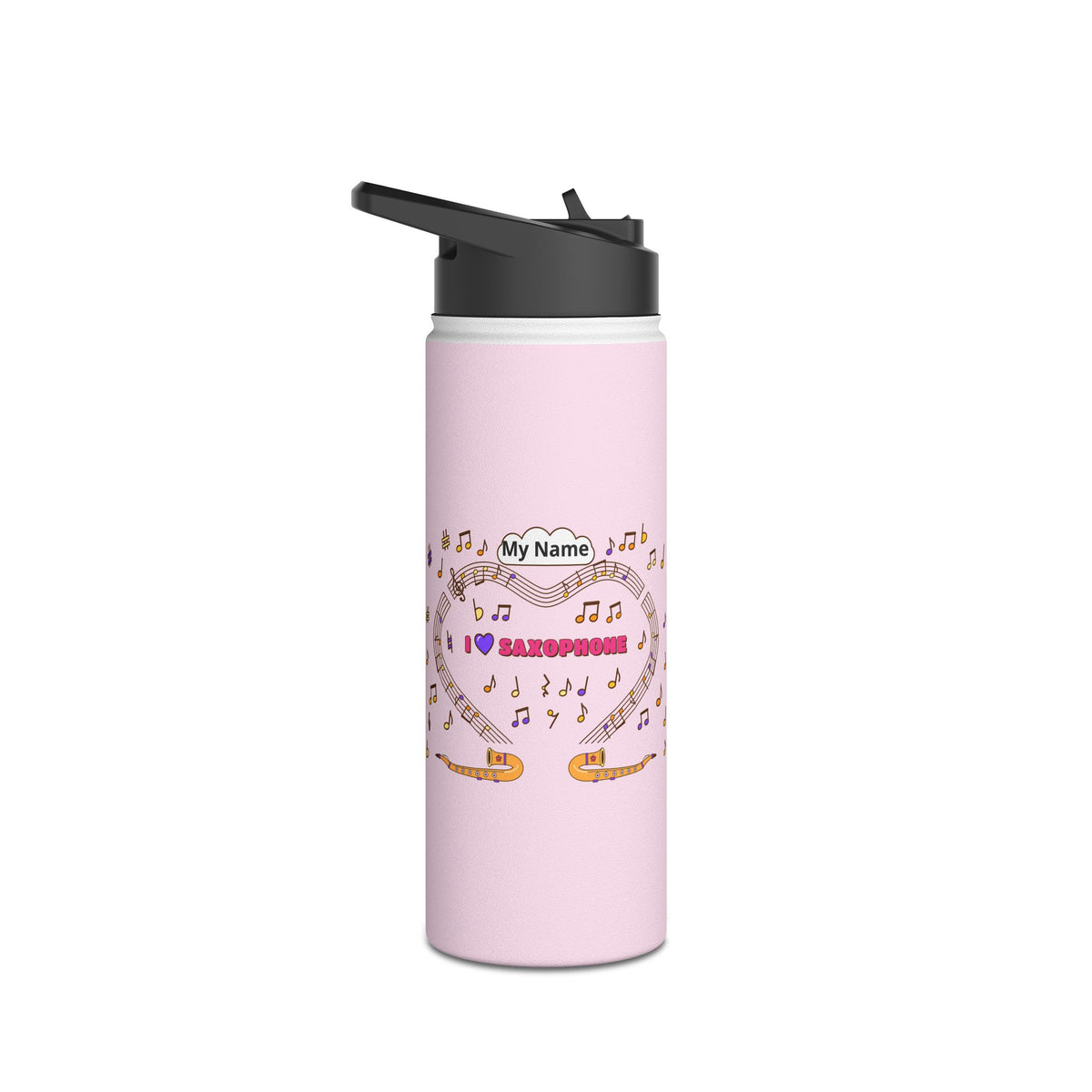 Music-themed Stainless Steel Water Bottle, Standard Lid: 'I love saxophone' - pink