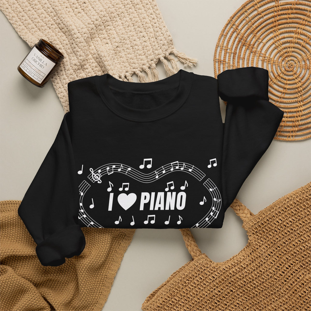 Music-themed Unisex Heavy Blend Crewneck Sweatshirt: 'I love piano' - black & white