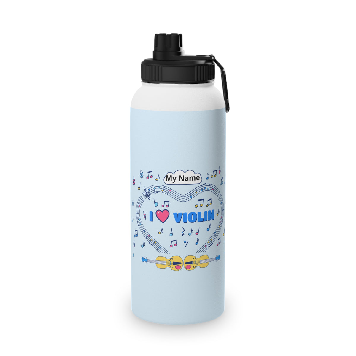 Music-themed Stainless Steel Water Bottle, Sports Lid: 'I love violin' - blue