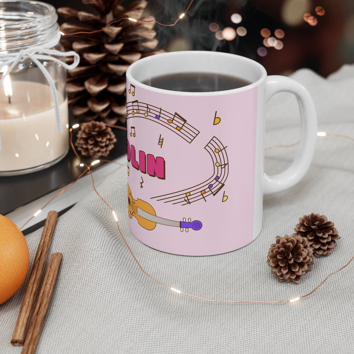Music-themed Ceramic Mug, 11oz, 15oz: 'I love violin' - pink