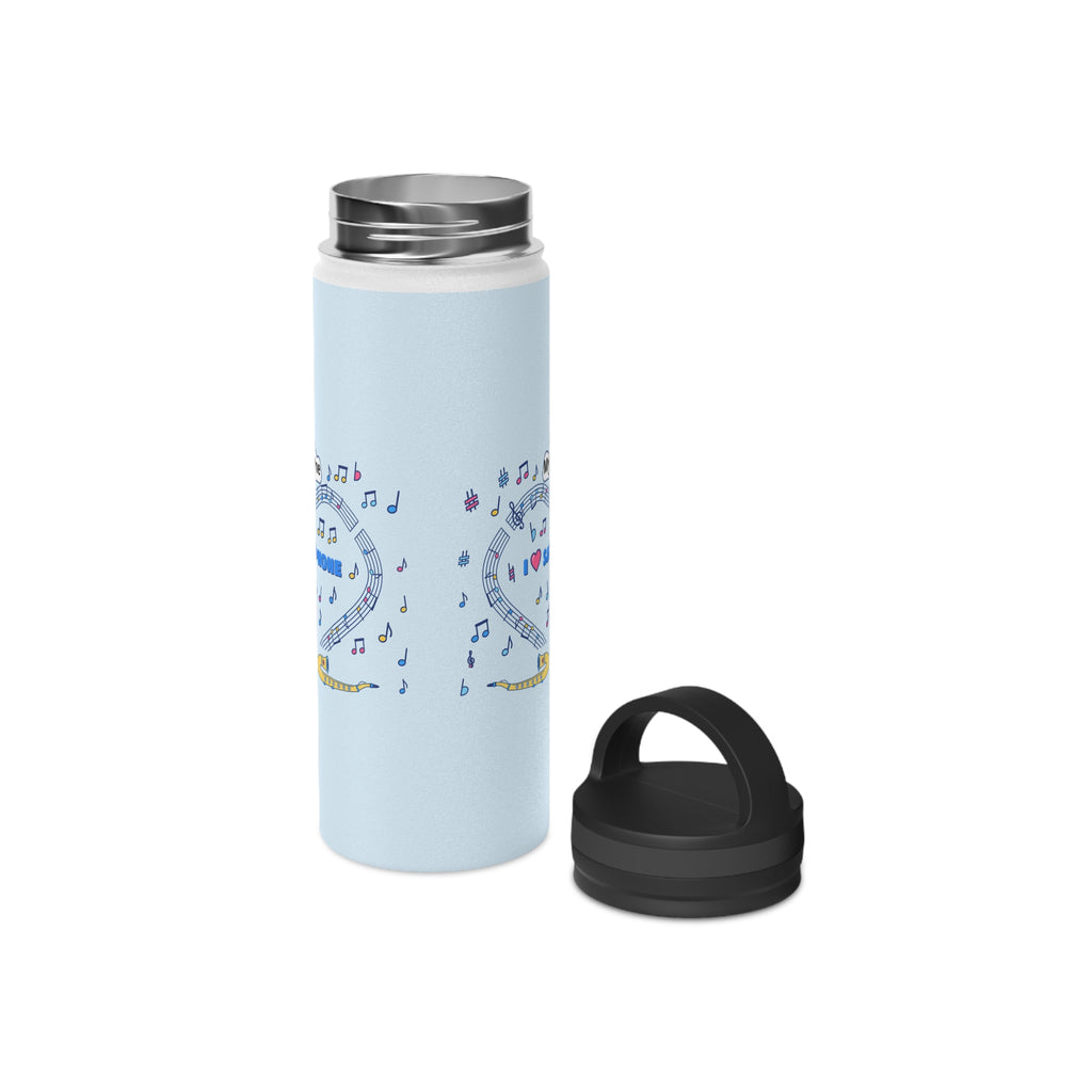 Music-themed Stainless Steel Water Bottle, Handle Lid: 'I love saxophone' - blue