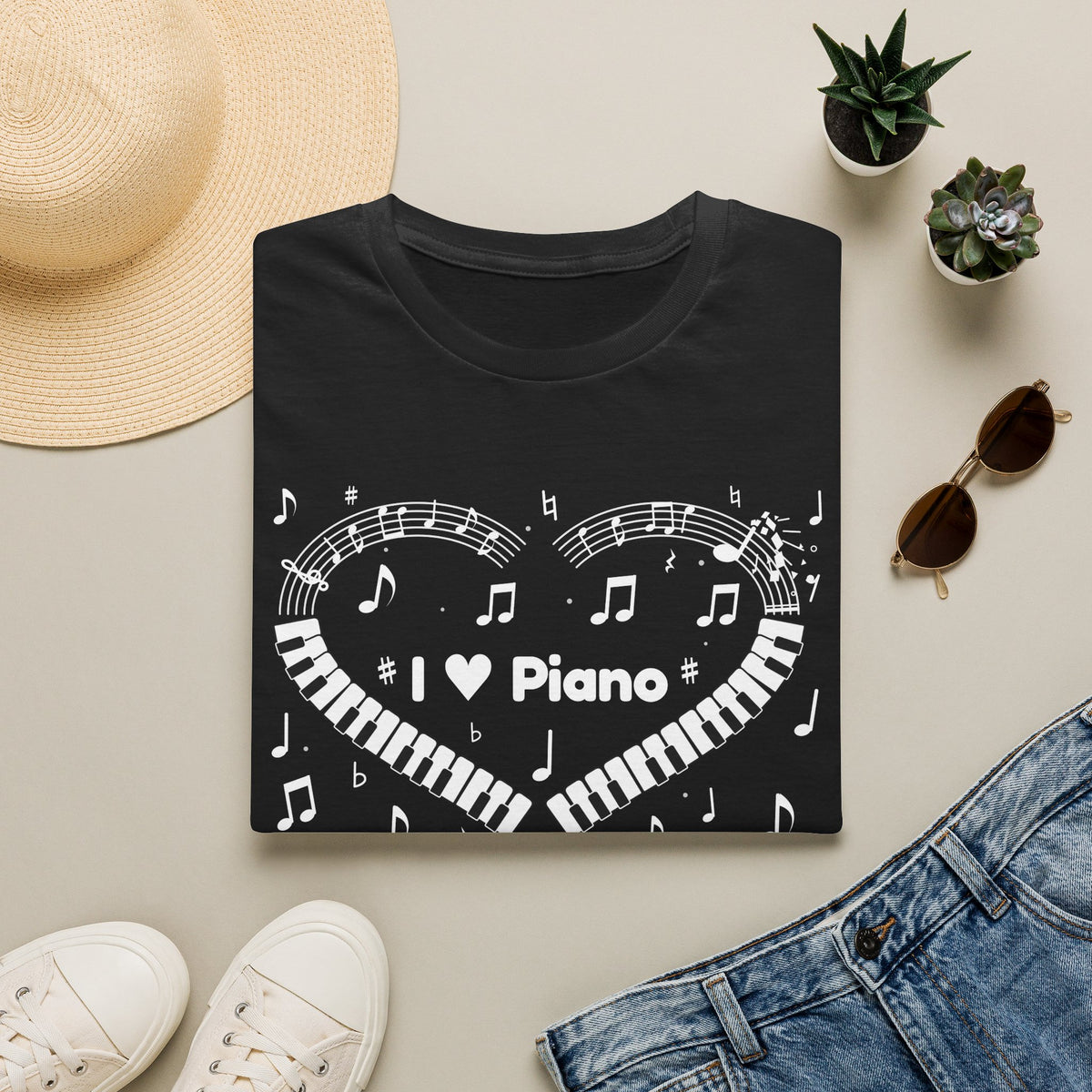 Music-themed Unisex Softstyle T-Shirt: 'I love piano' heart - black & white