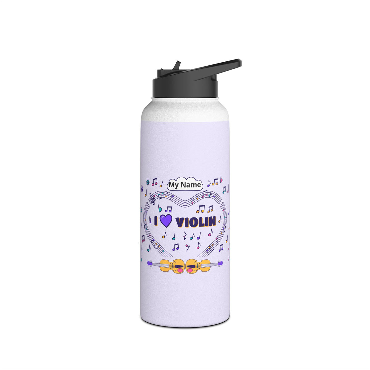 Music-themed Stainless Steel Water Bottle, Standard Lid: 'I love violin' - violet