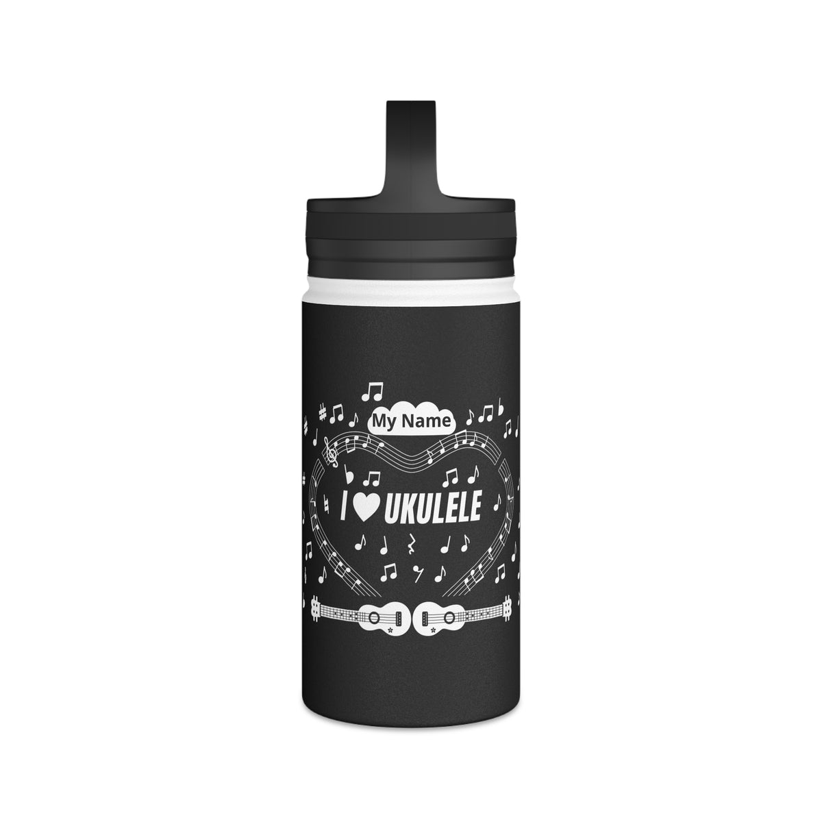 Music-themed Stainless Steel Water Bottle, Handle Lid: 'I love ukulele' - black & white