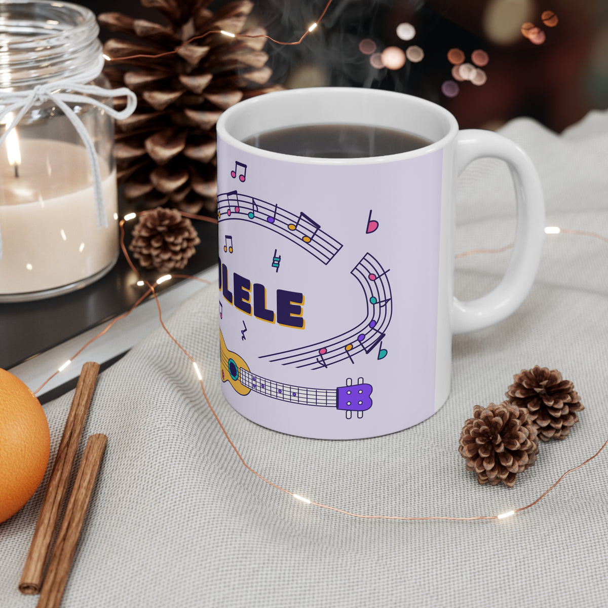 Music-themed Ceramic Mug, 11oz, 15oz: 'I love ukulele' - violet