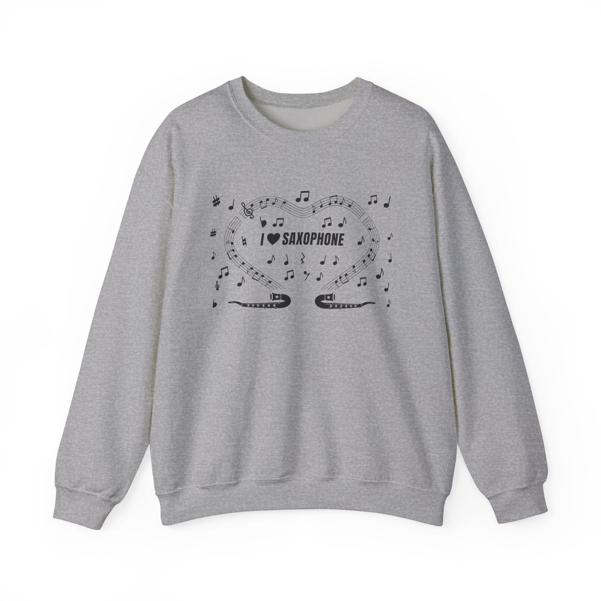Music-themed Unisex Heavy Blend Crewneck Sweatshirt: 'I love saxophone' - black on white