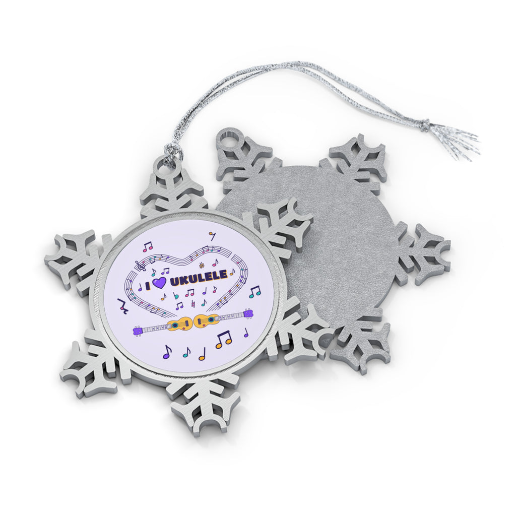 Music-themed Pewter Snowflake Ornament: 'I love ukulele' - violet