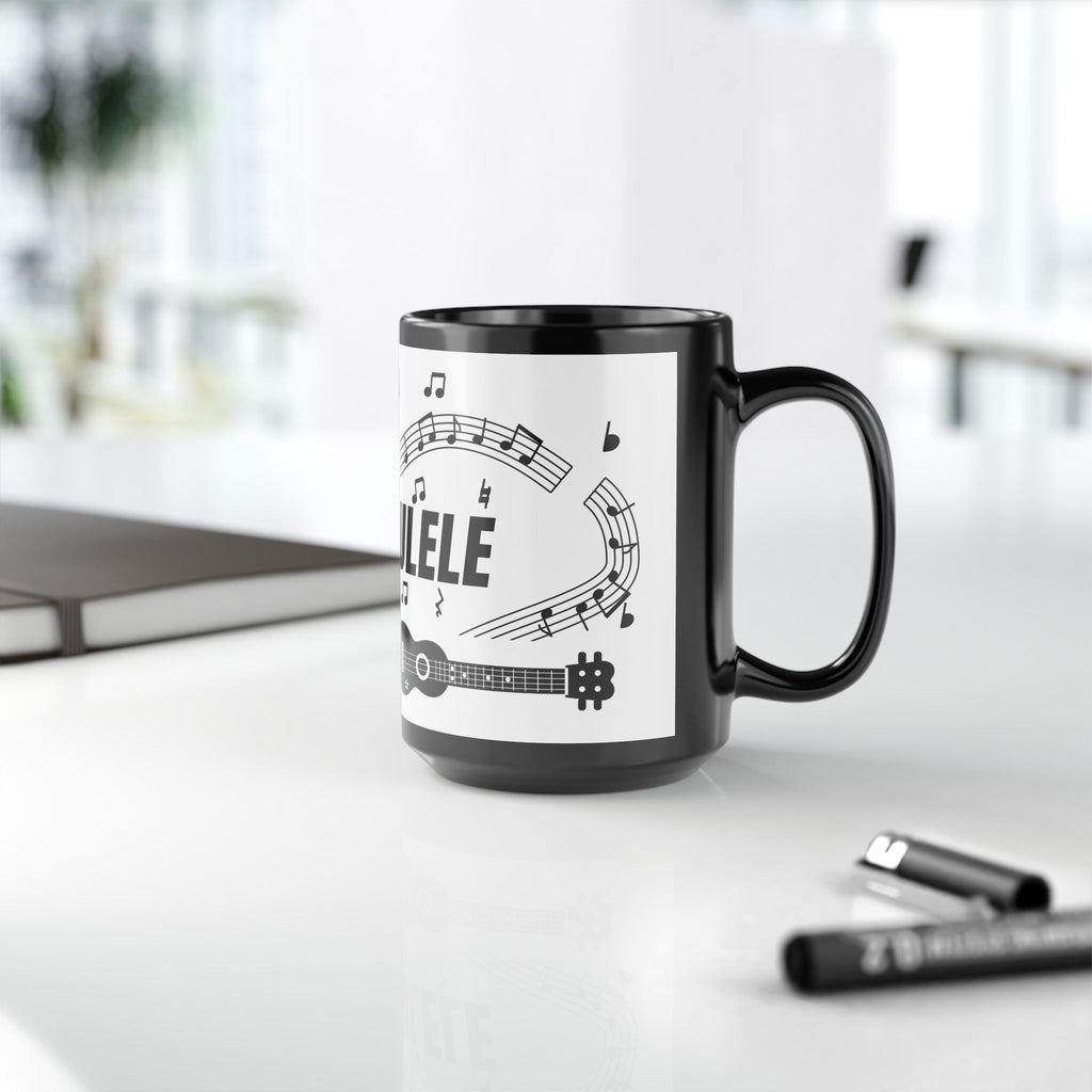 Music-themed Black Mug (11oz, 15oz): 'I love ukulele' - black on white