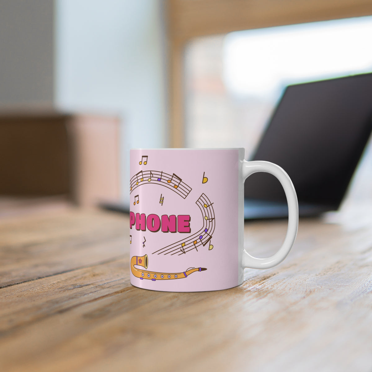 Music-themed Ceramic Mug, 11oz, 15oz: 'I love saxophone' - pink