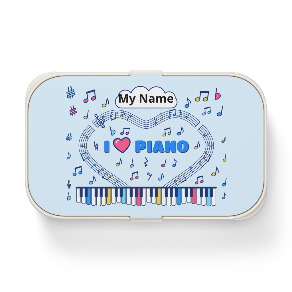 Music-themed Bento Lunch Box: 'I love piano' - blue