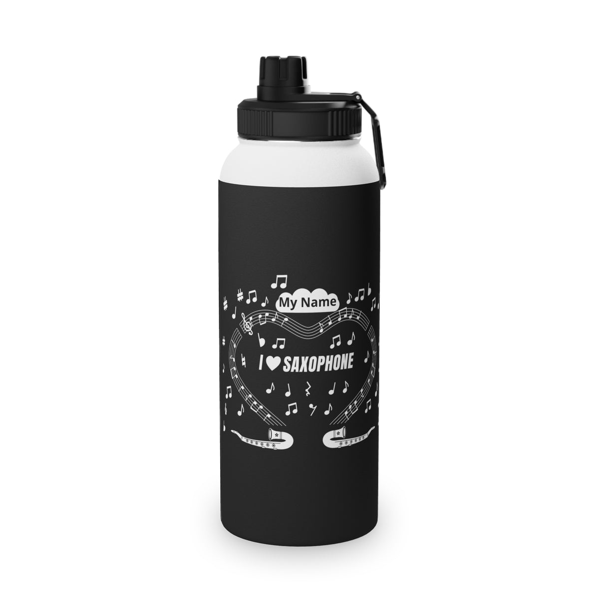 Music-themed Stainless Steel Water Bottle, Sports Lid: 'I love saxophone' - black & white