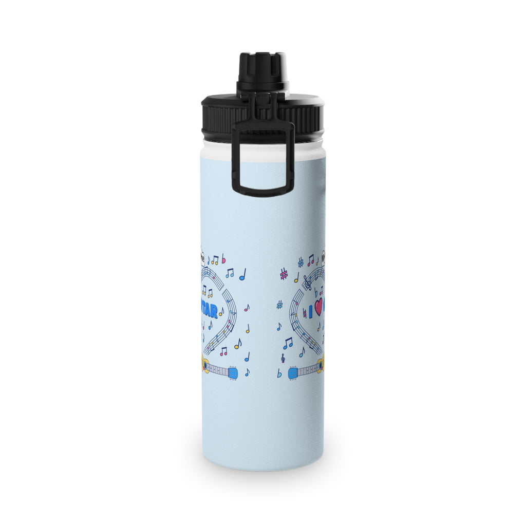 Music-themed Stainless Steel Water Bottle, Sports Lid: 'I love guitar' - blue