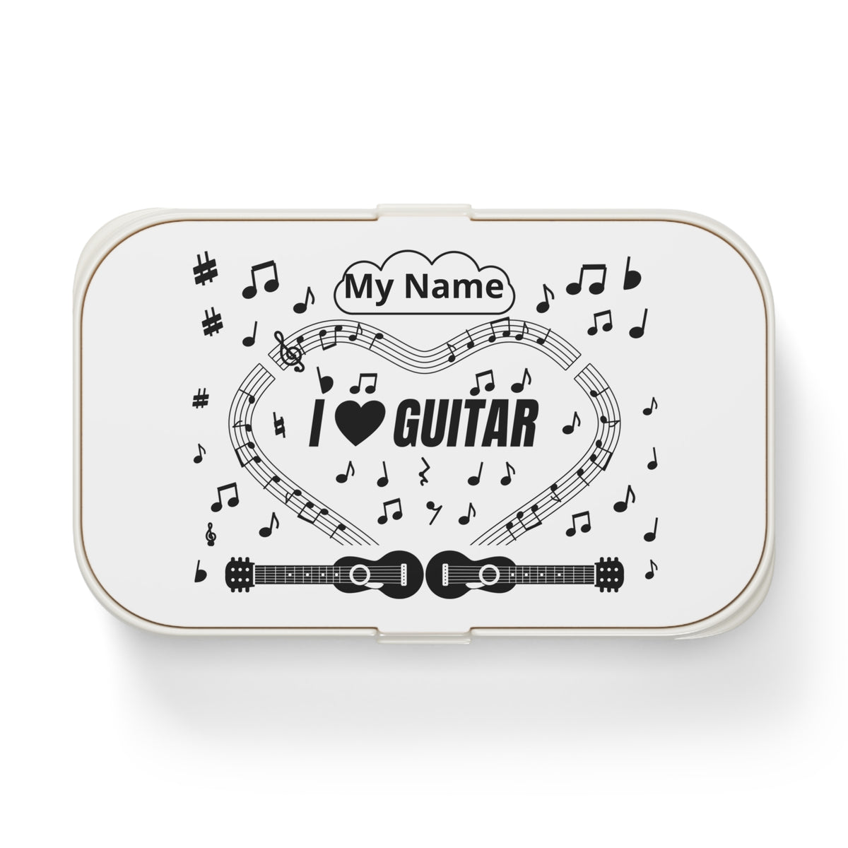Music-themed Bento Lunch Box: 'I love guitar' - black on white