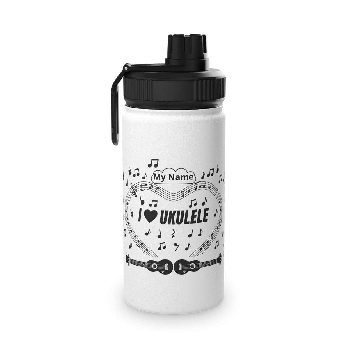 Music-themed Stainless Steel Water Bottle, Sports Lid: 'I love ukulele' - black on white