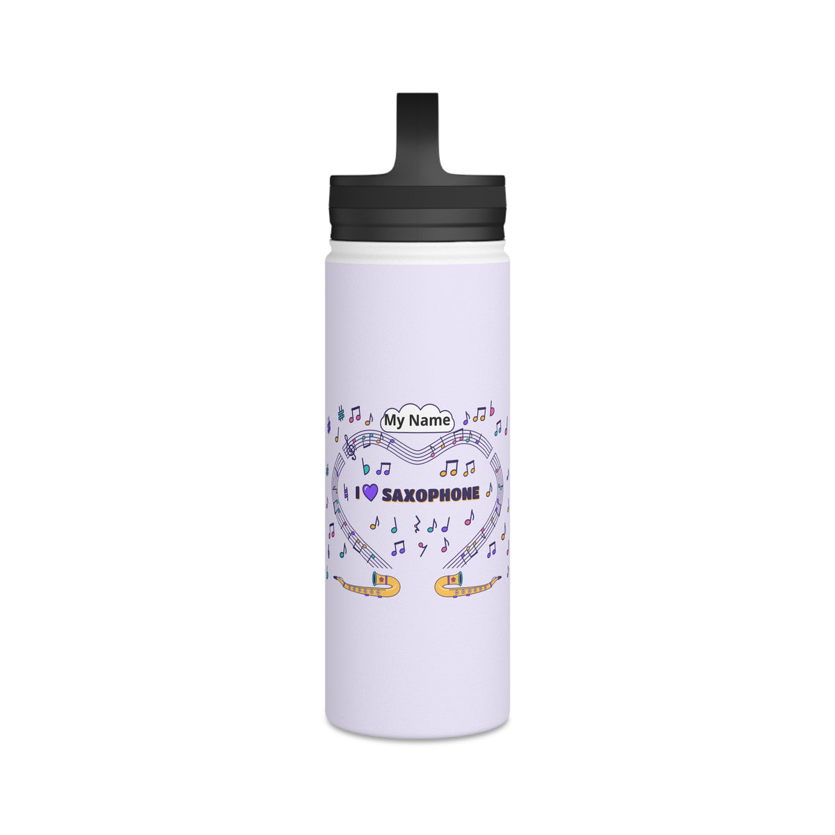 Music-themed Stainless Steel Water Bottle, Handle Lid: 'I love saxophone' - violet