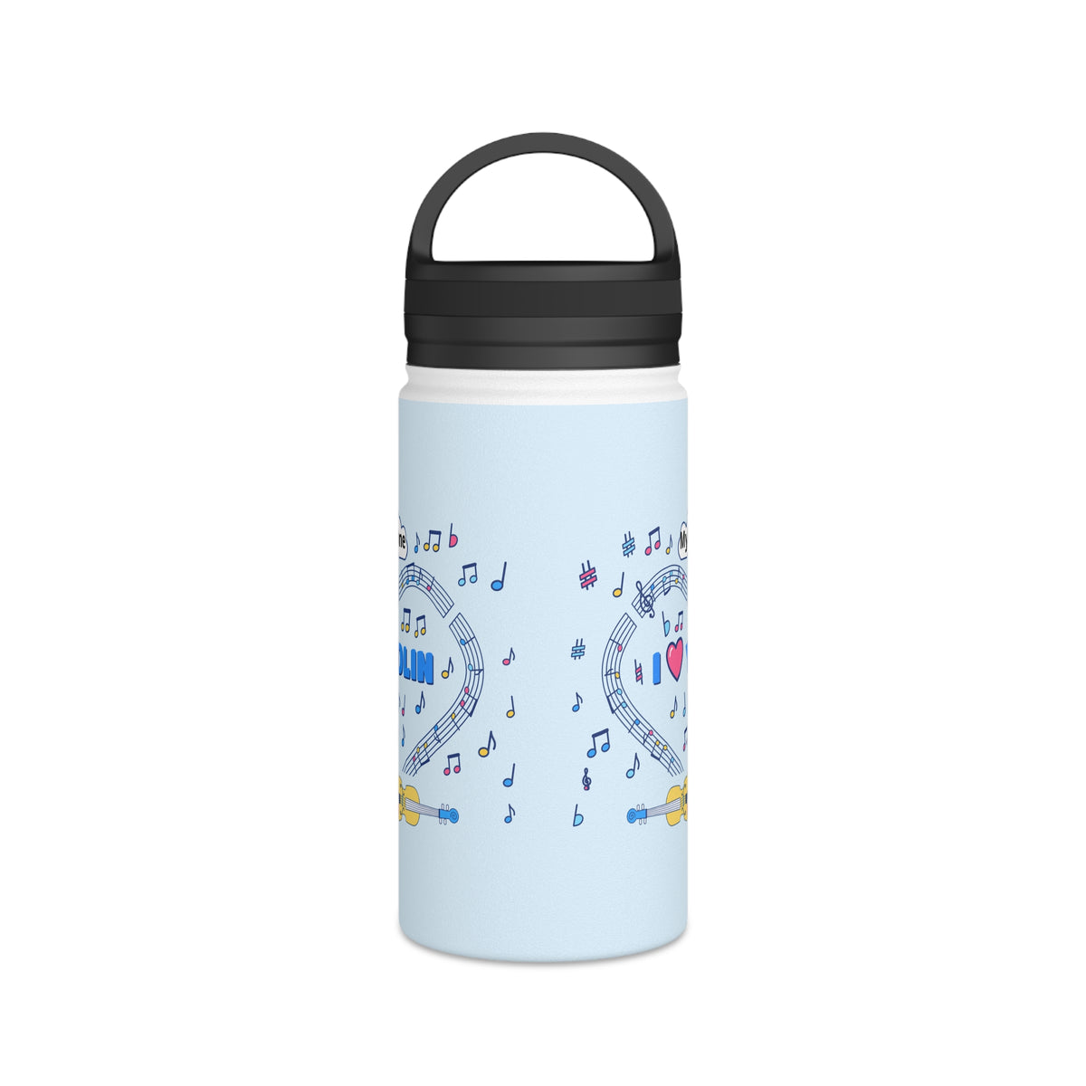 Music-themed Stainless Steel Water Bottle, Handle Lid: 'I love violin' - blue