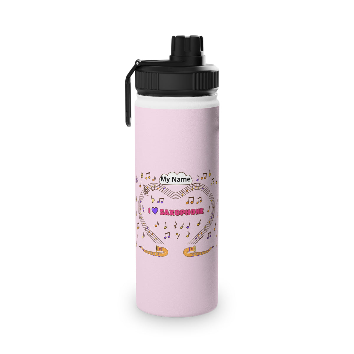 Music-themed Stainless Steel Water Bottle, Sports Lid: 'I love saxophone' - pink