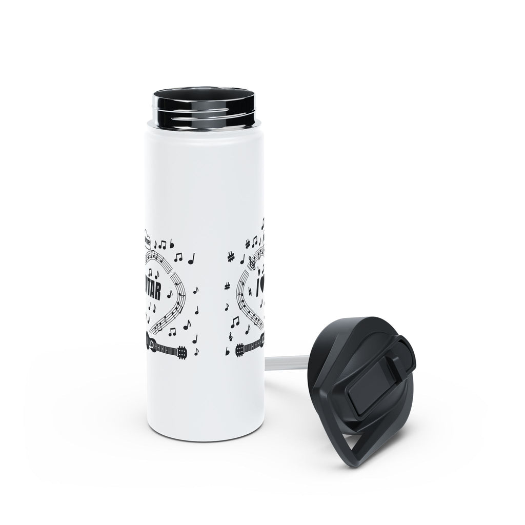 Music-themed Stainless Steel Water Bottle, Standard Lid: 'I love guitar' - black on white