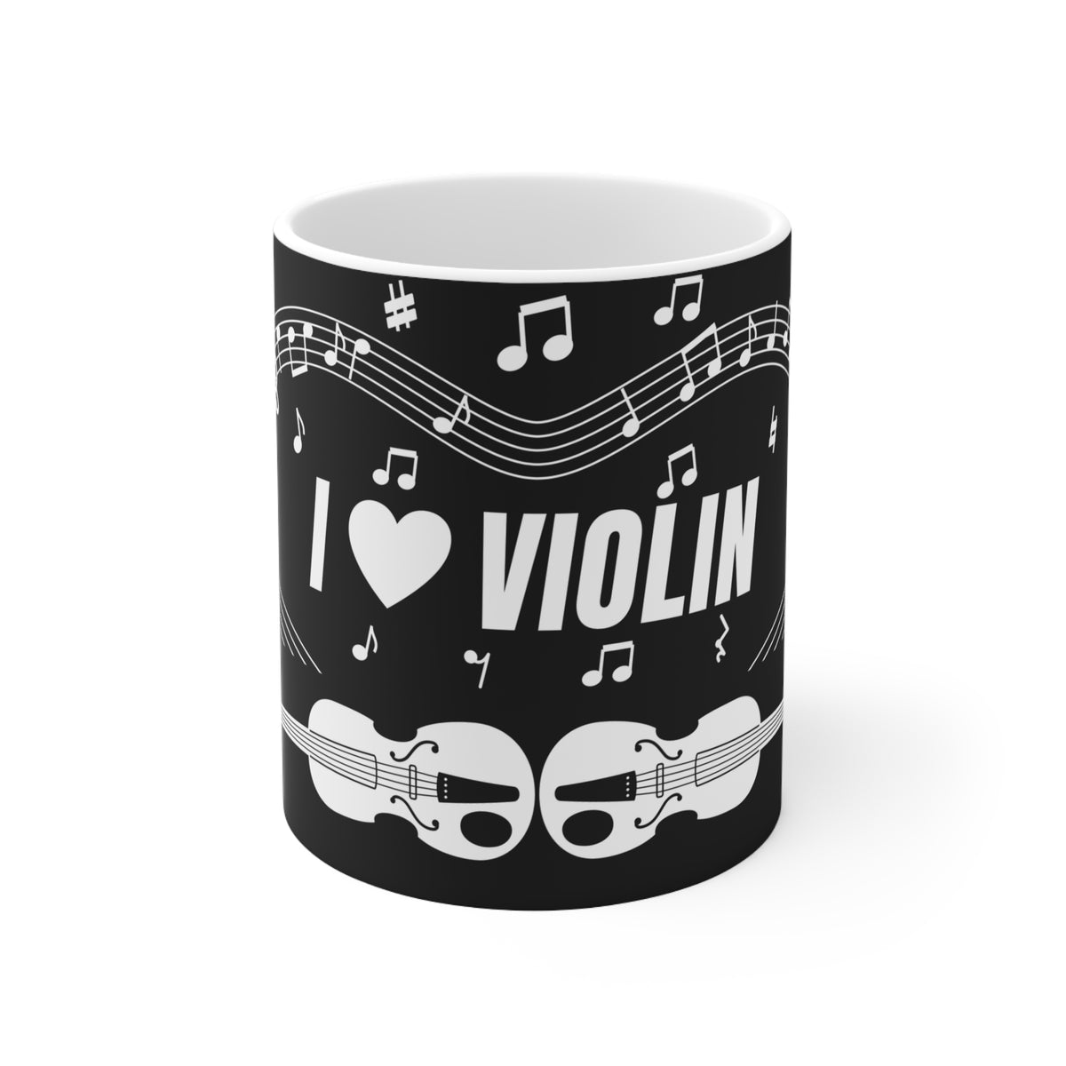 Music-themed Ceramic Mug, 11oz, 15oz: 'I love violin' - black & white