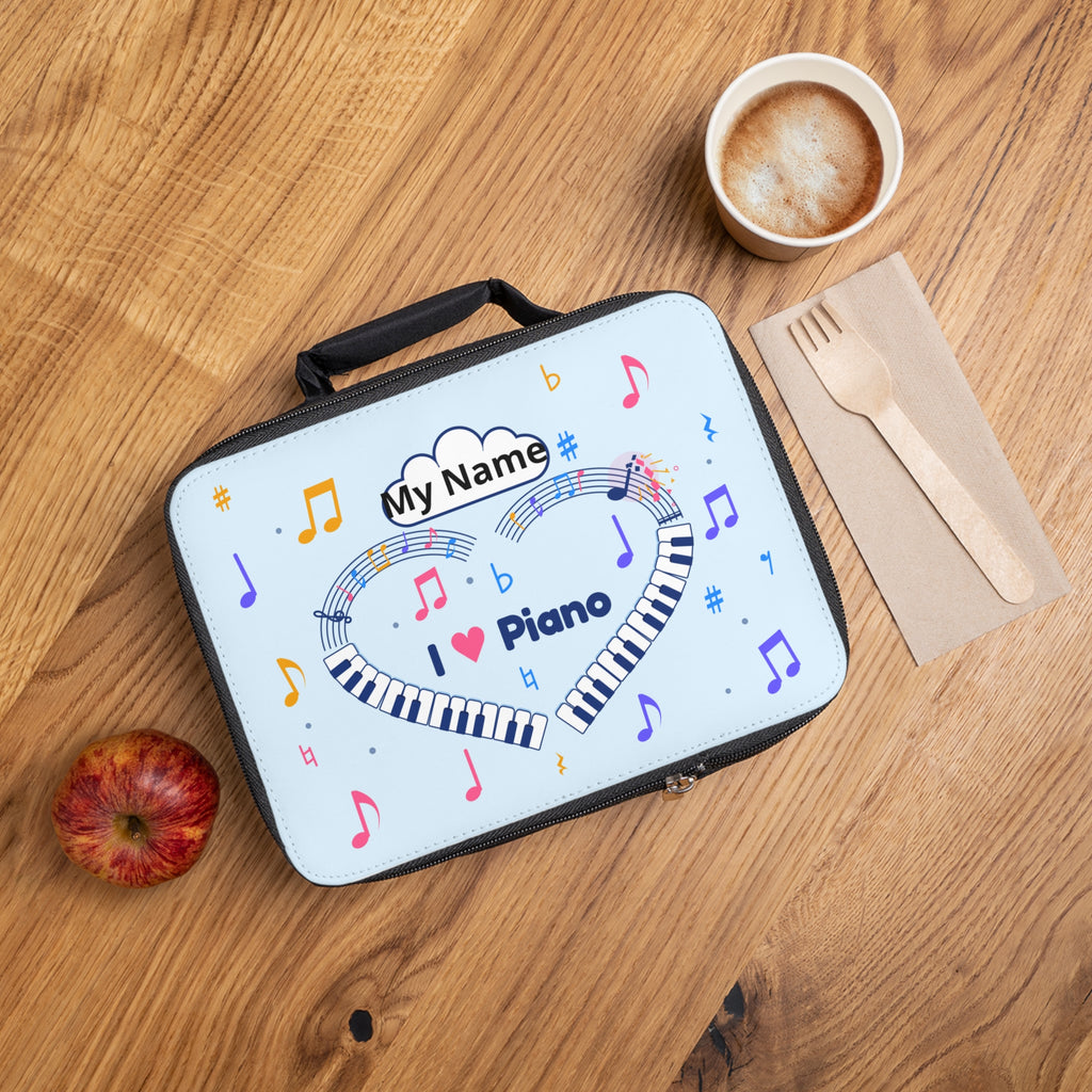 Music-themed Lunch Bag: 'I love piano' heart - blue