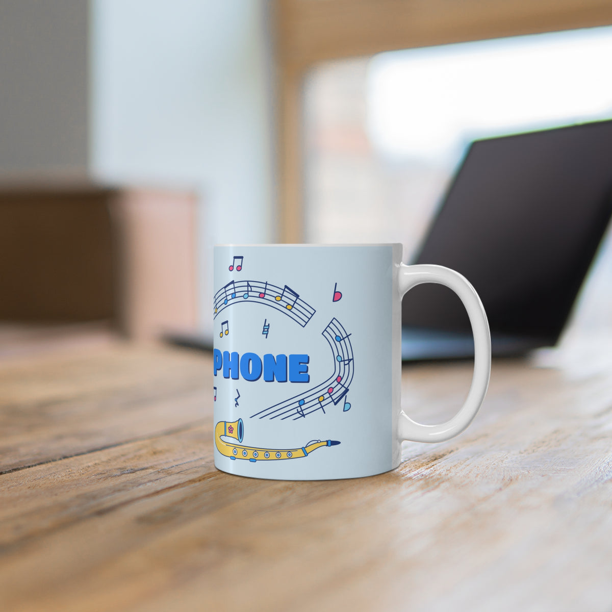 Music-themed Ceramic Mug, 11oz, 15oz: 'I love saxophone' - blue