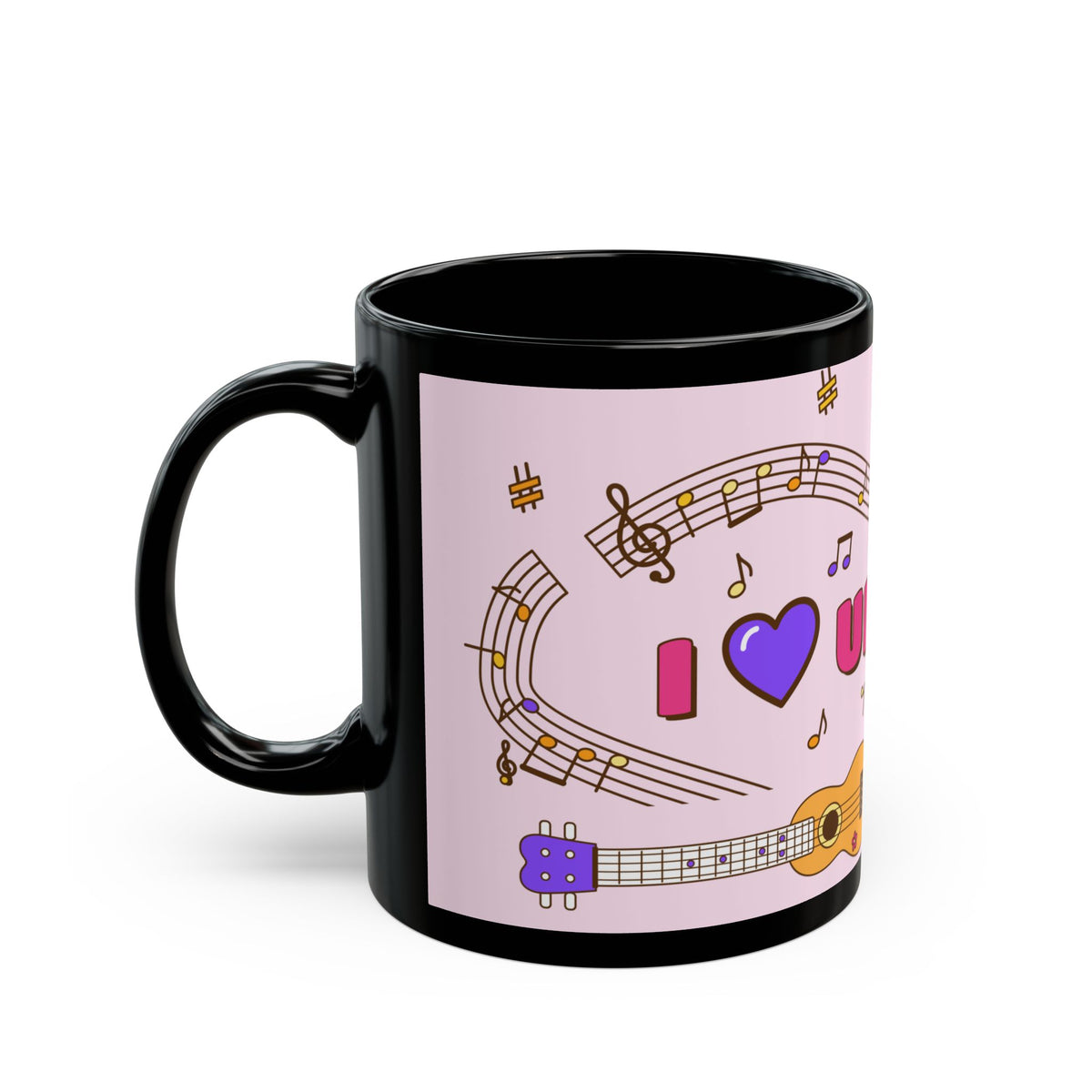 Music-themed Black Mug (11oz, 15oz): 'I love ukulele' - pink