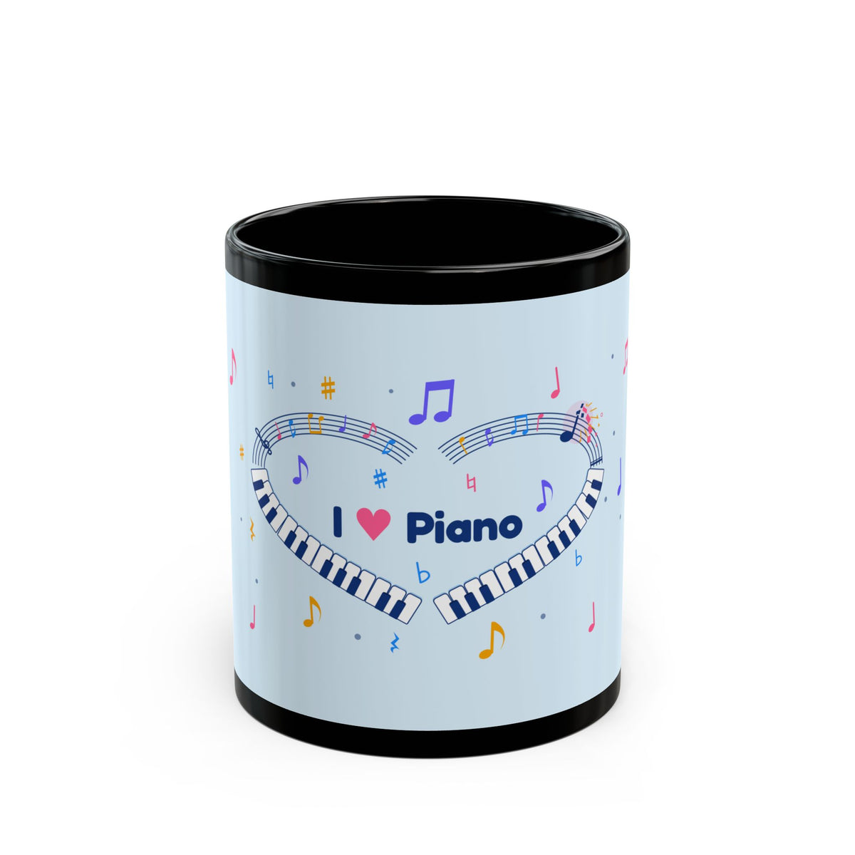 Music-themed Black Mug (11oz, 15oz): 'I love piano' heart - blue