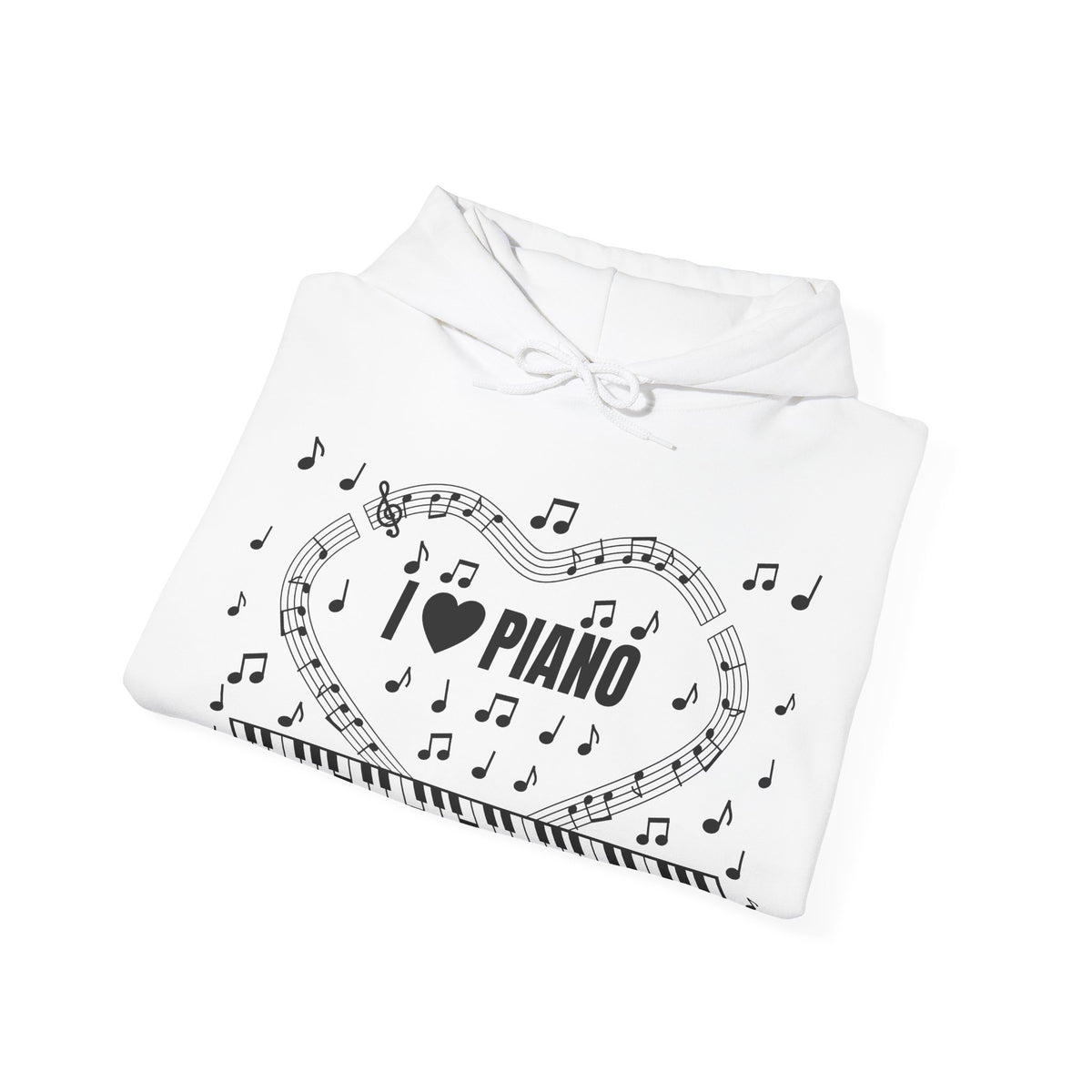 Music-themed Unisex Heavy Blend Hooded Sweatshirt: 'I love piano' - black on white