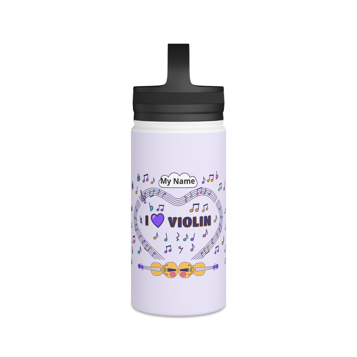 Music-themed Stainless Steel Water Bottle, Handle Lid: 'I love violin' - violet