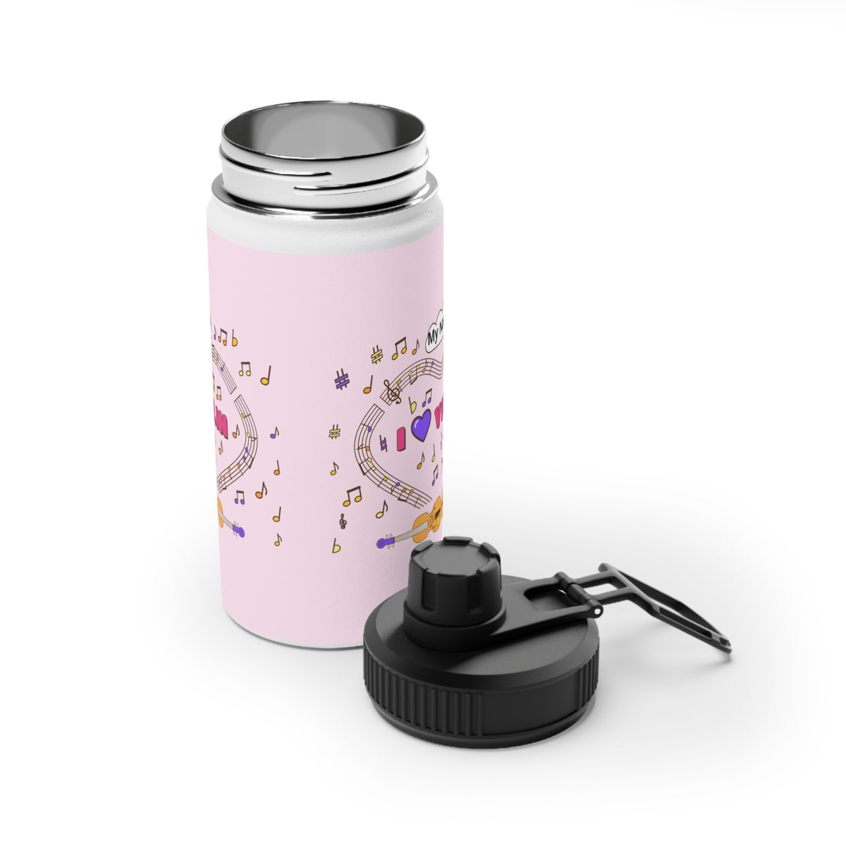 Music-themed Stainless Steel Water Bottle, Sports Lid: 'I love violin' - pink