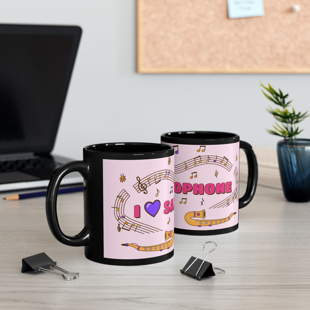 Music-themed Black Mug (11oz, 15oz): 'I love saxophone' - pink