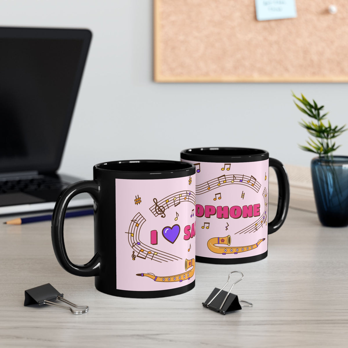 Music-themed Black Mug (11oz, 15oz): 'I love saxophone' - pink