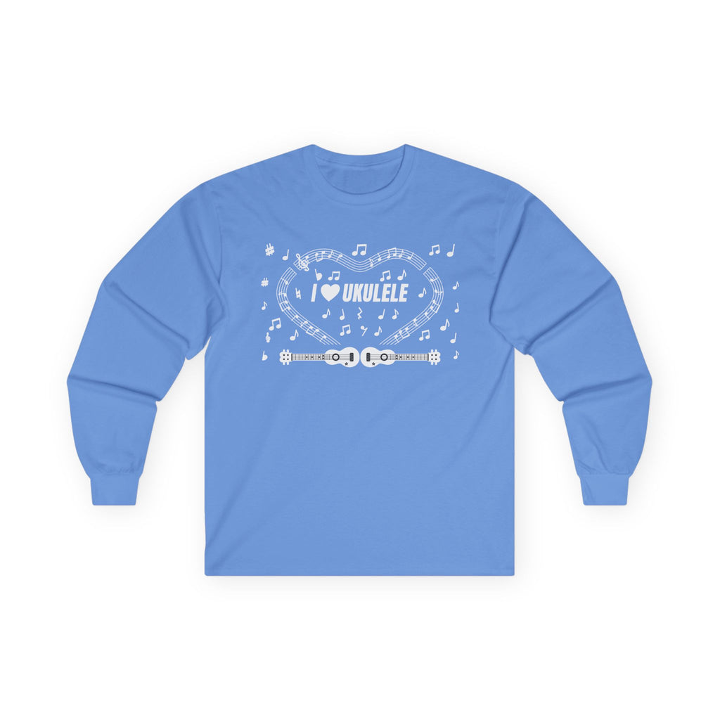 Music-themed Unisex Ultra Cotton Long Sleeve Tee: 'I love ukulele' - black & white
