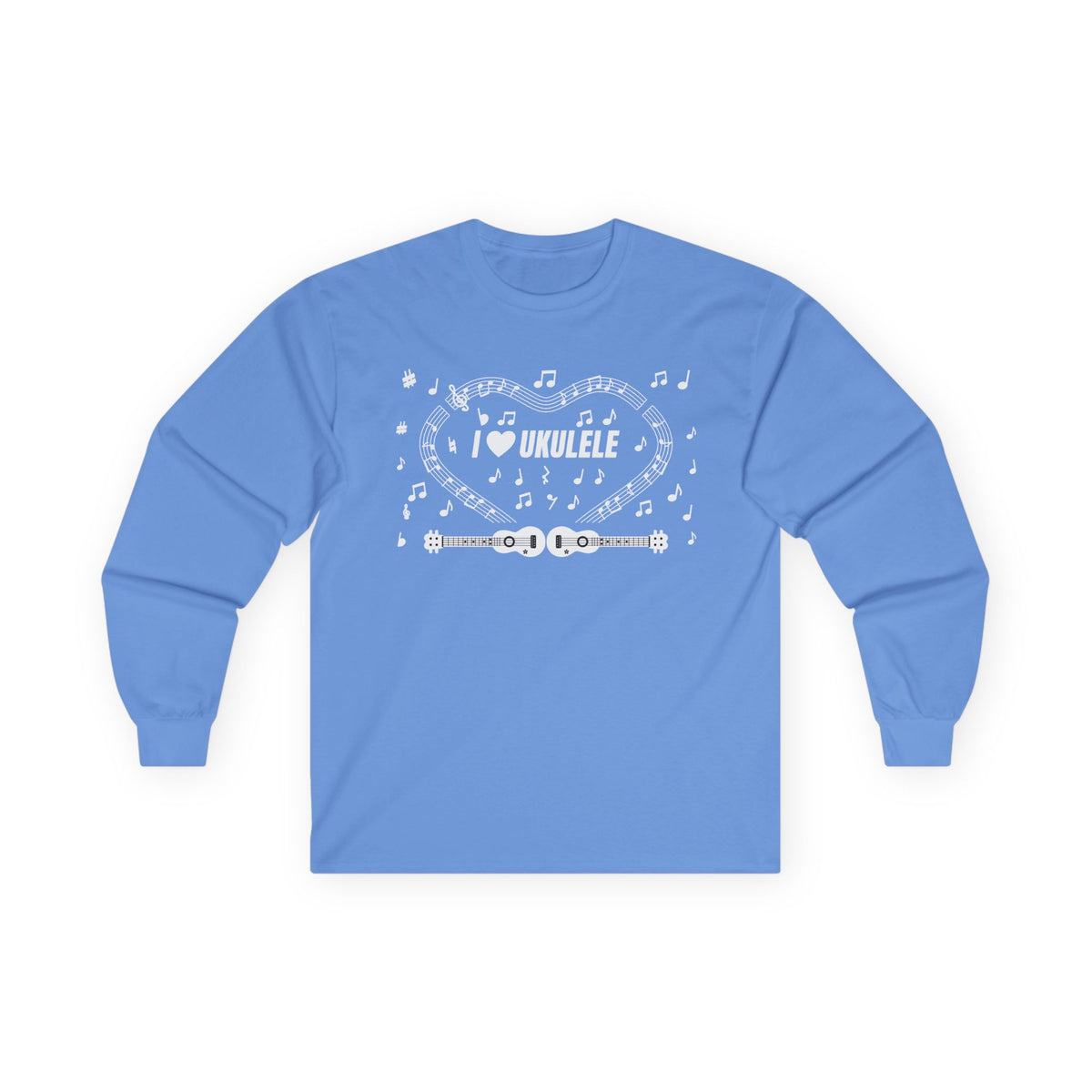 Music-themed Unisex Ultra Cotton Long Sleeve Tee: 'I love ukulele' - black & white