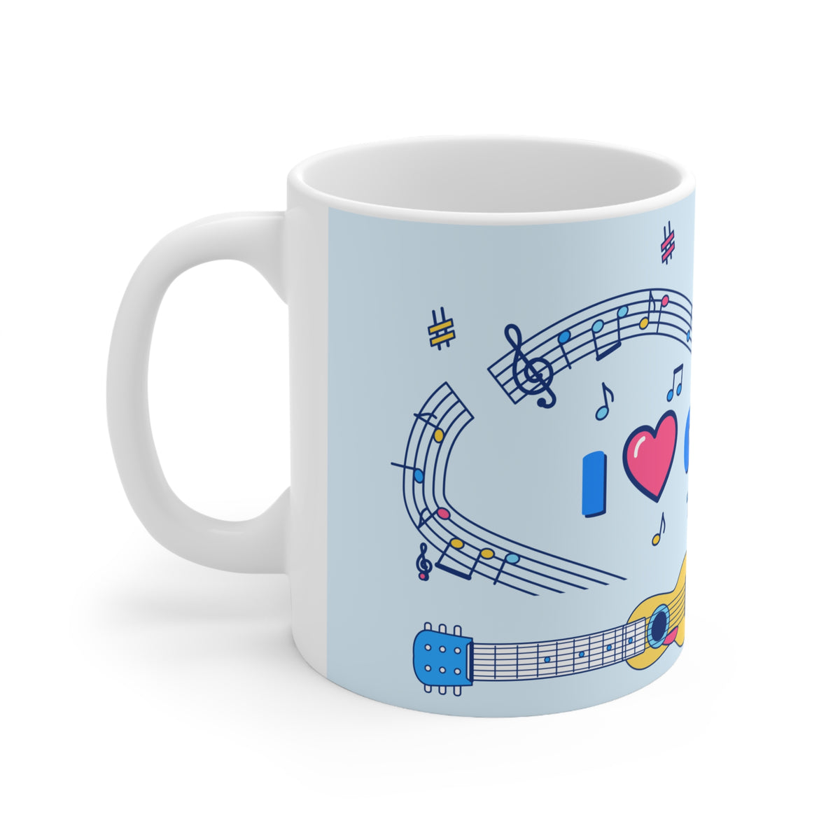 Music-themed Ceramic Mug, 11oz, 15oz: 'I love guitar' - blue