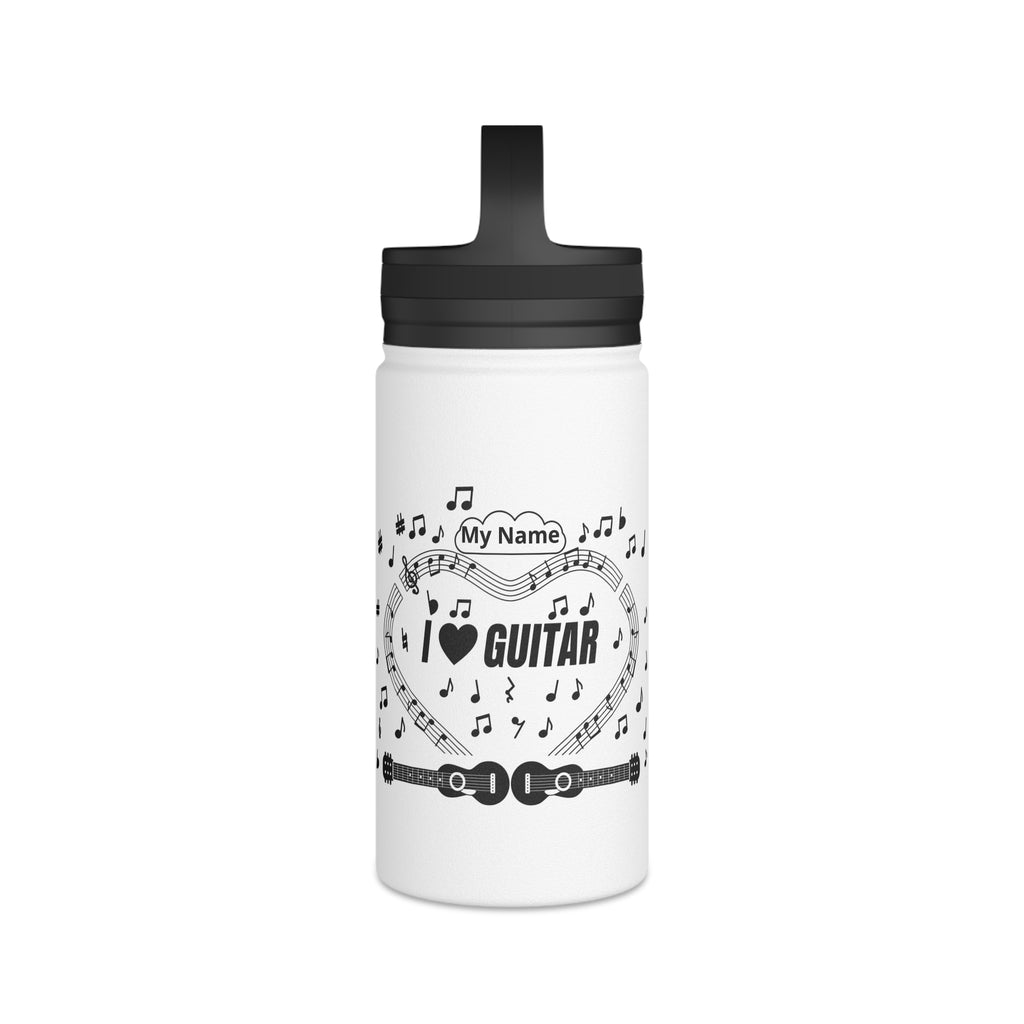 Music-themed Stainless Steel Water Bottle, Handle Lid: 'I love guitar' - black on white