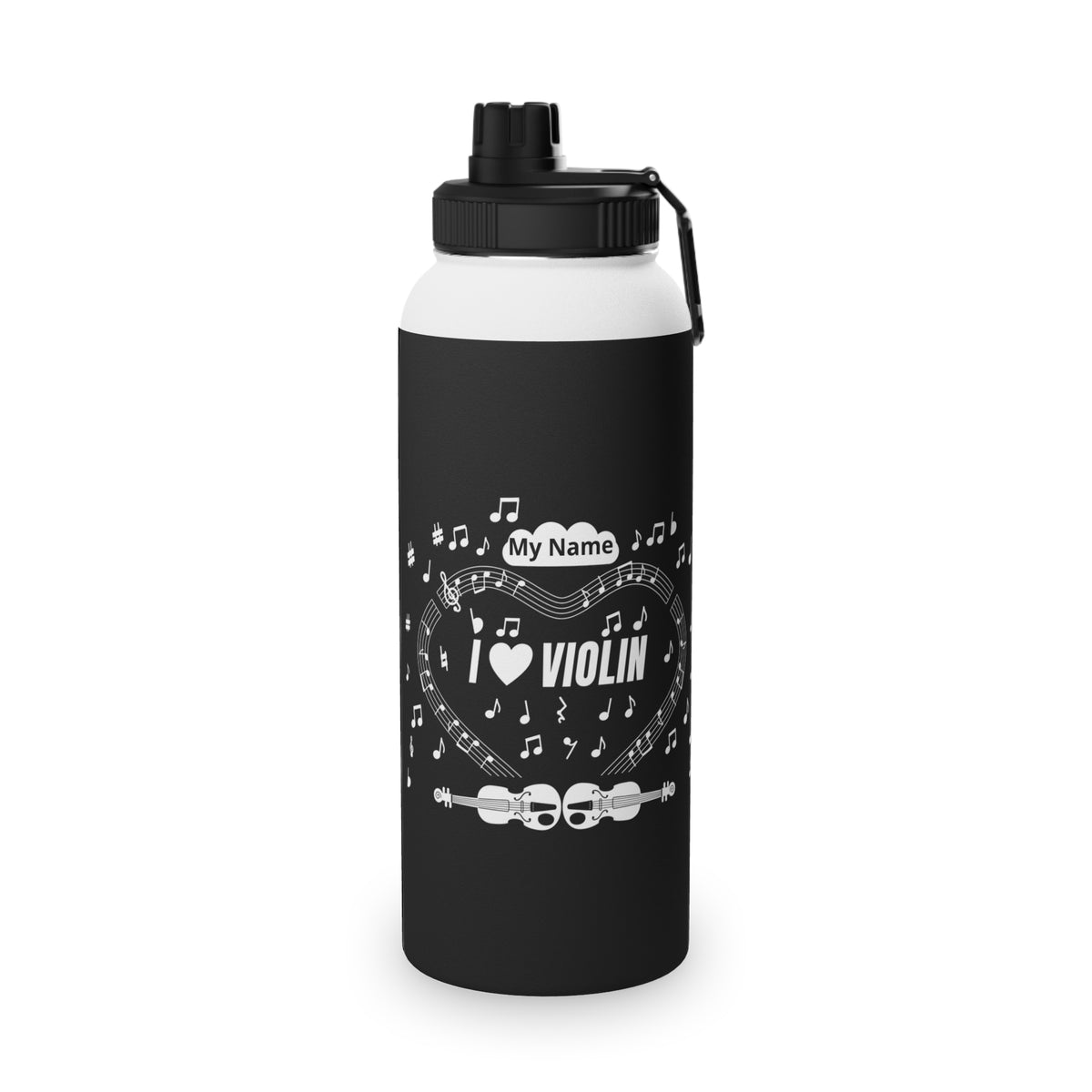 Music-themed Stainless Steel Water Bottle, Sports Lid: 'I love violin' - black & white