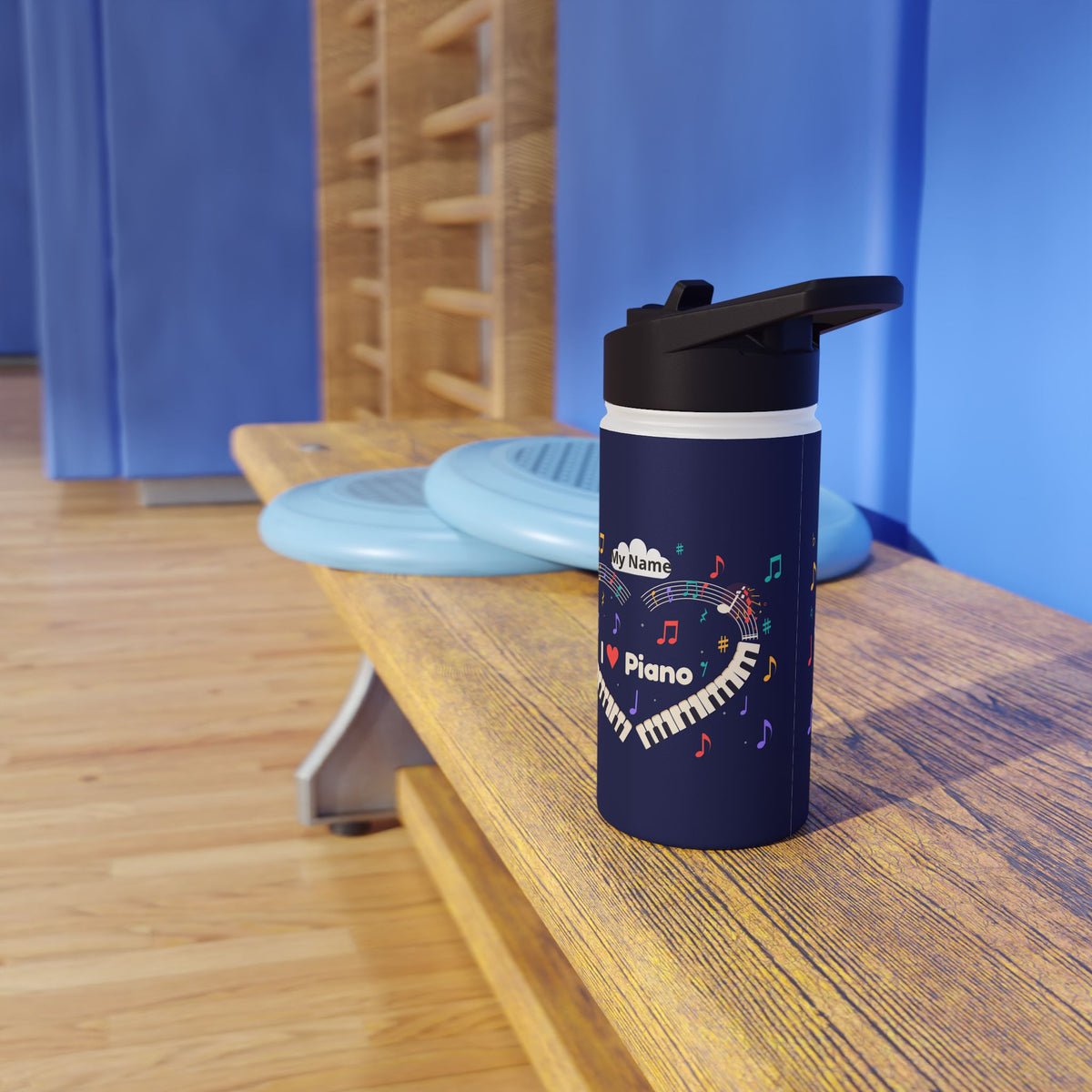 Music-themed Stainless Steel Water Bottle, Standard Lid: 'I love piano' heart - navy
