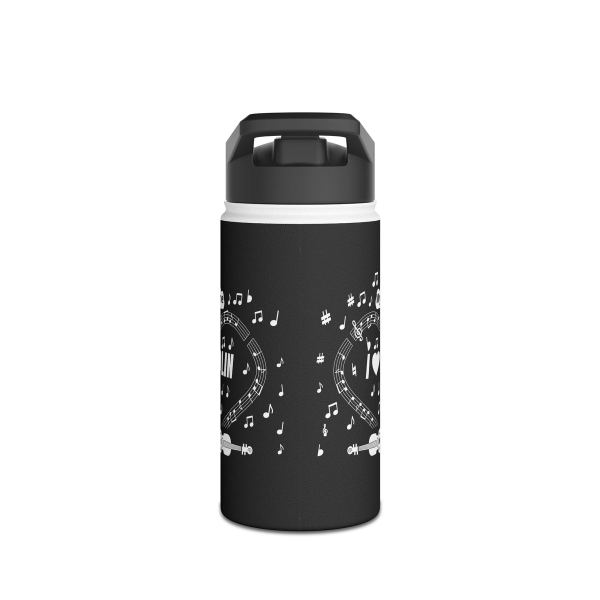Music-themed Stainless Steel Water Bottle, Standard Lid: 'I love violin' - black & white