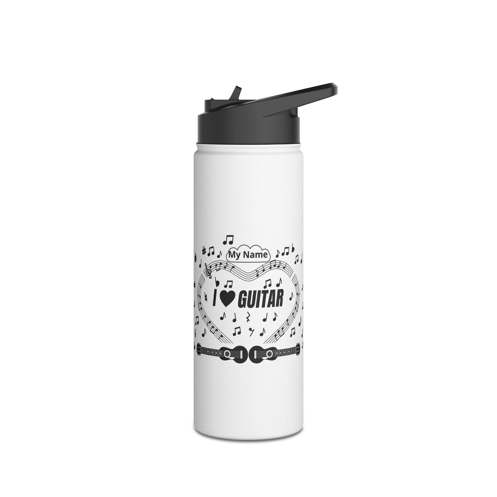 Music-themed Stainless Steel Water Bottle, Standard Lid: 'I love guitar' - black on white