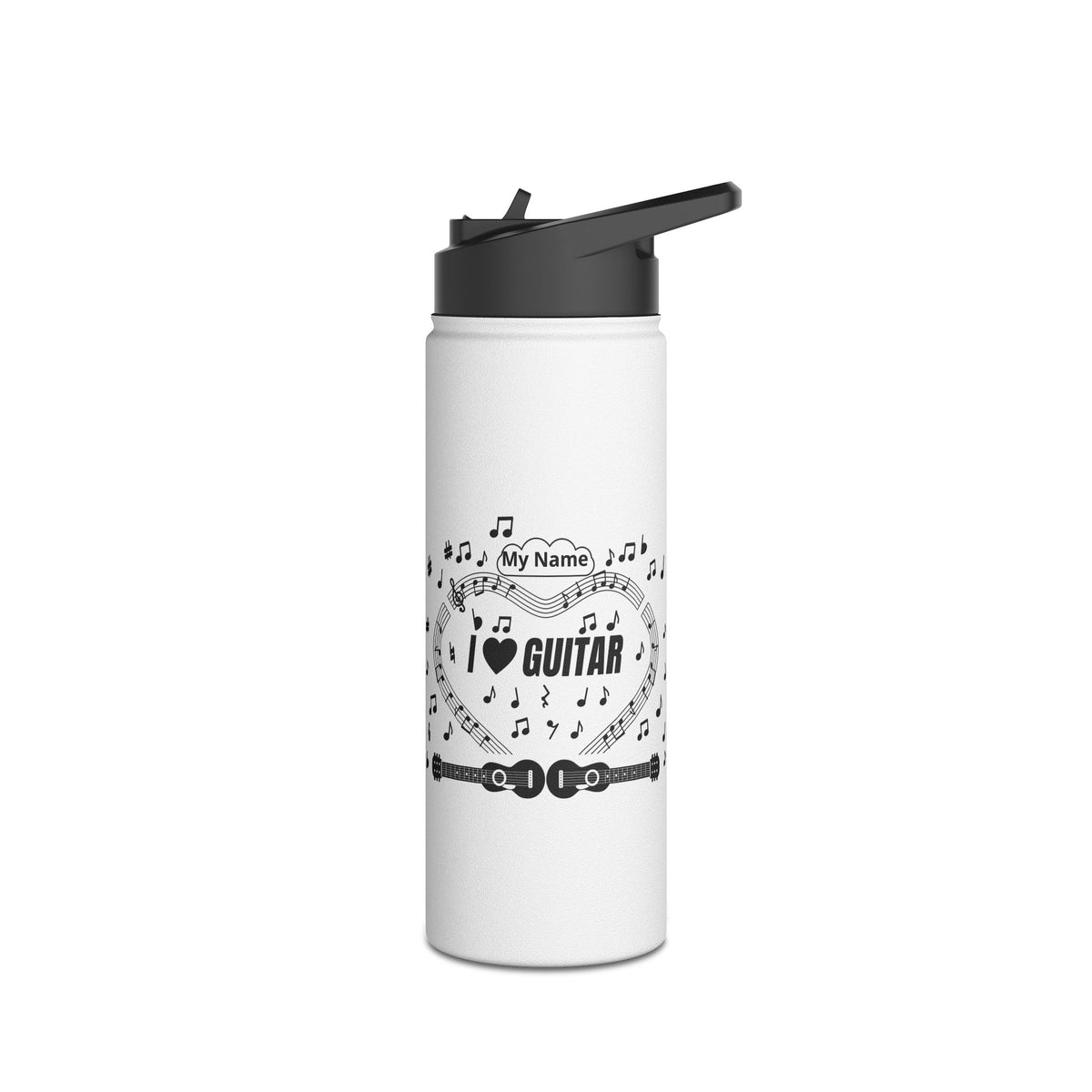Music-themed Stainless Steel Water Bottle, Standard Lid: 'I love guitar' - black on white