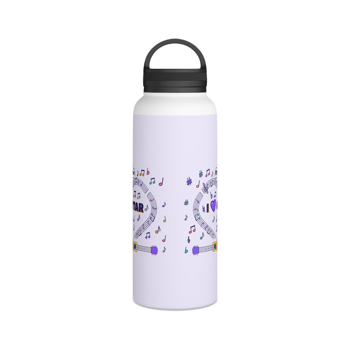 Music-themed Stainless Steel Water Bottle, Handle Lid: 'I love guitar' - violet
